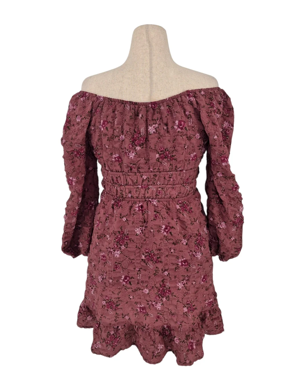 Mary & Mo Floral Off Shoulder Smocked Mini Dress Mauve Pink Boho Medium